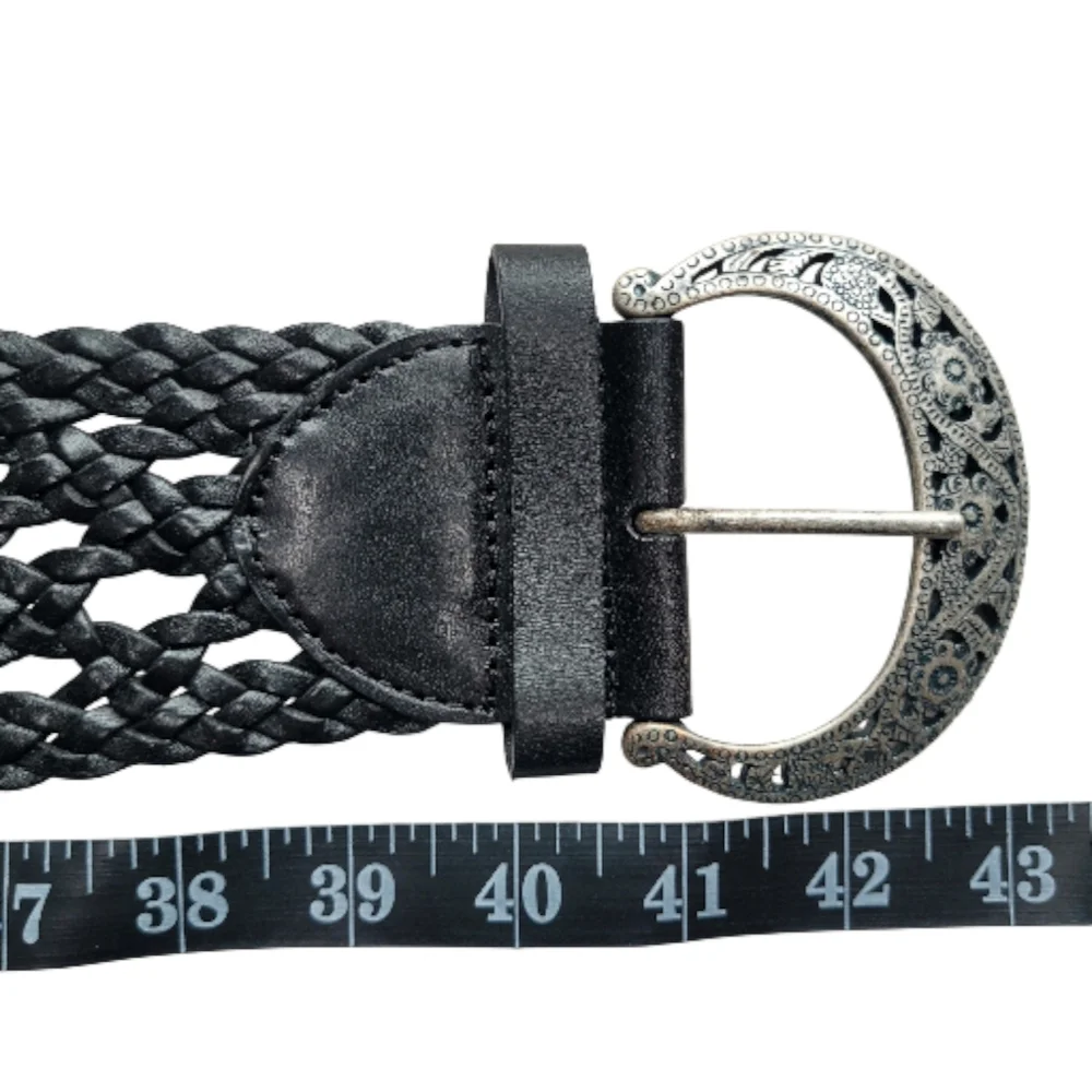 Moda International Black Leather Boho Braided Belt w/Intricate Silver Buckle L